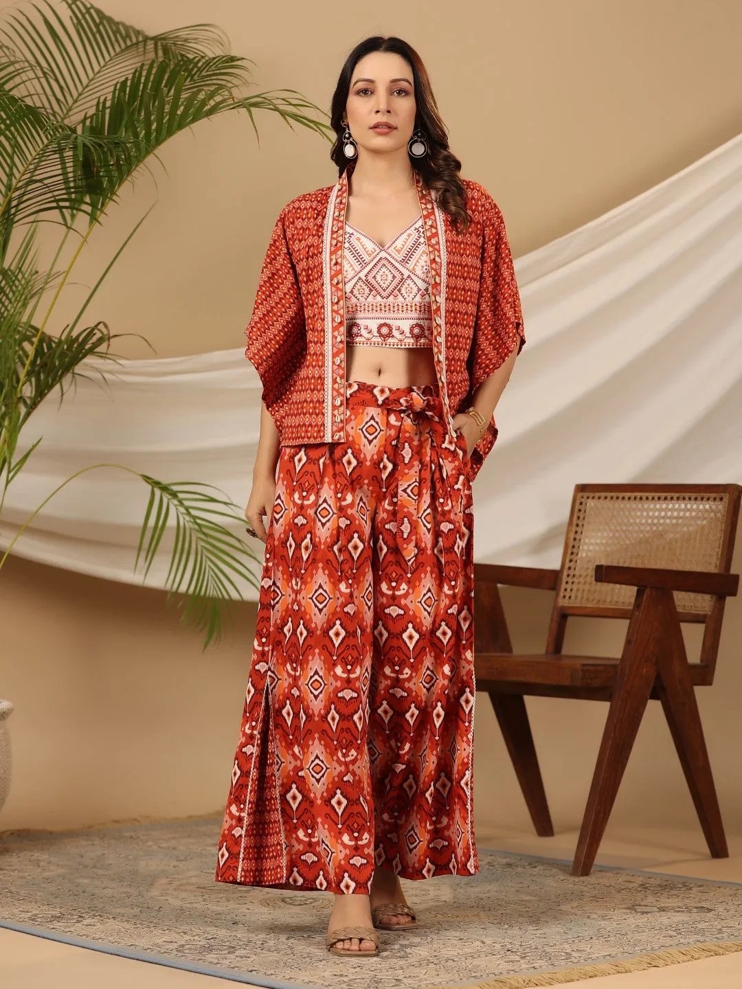 Juniper Rust Ikat Printed Rayon Crop Top Palazzos & Jacket with Thread Work