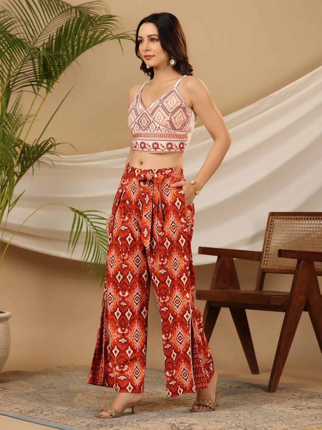 Juniper Rust Ikat Printed Rayon Crop Top Palazzos & Jacket with Thread Work