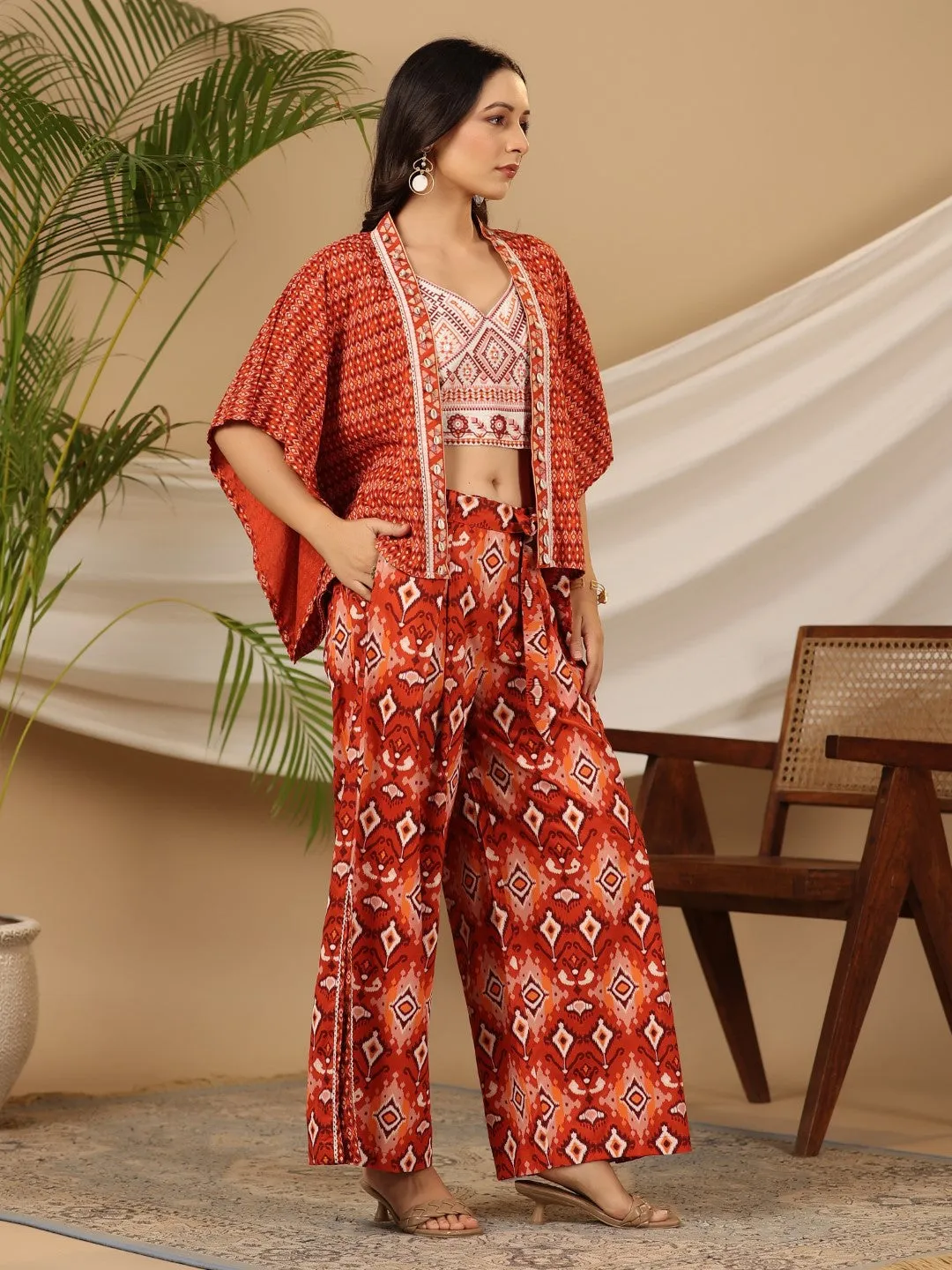 Juniper Rust Ikat Printed Rayon Crop Top Palazzos & Jacket with Thread Work