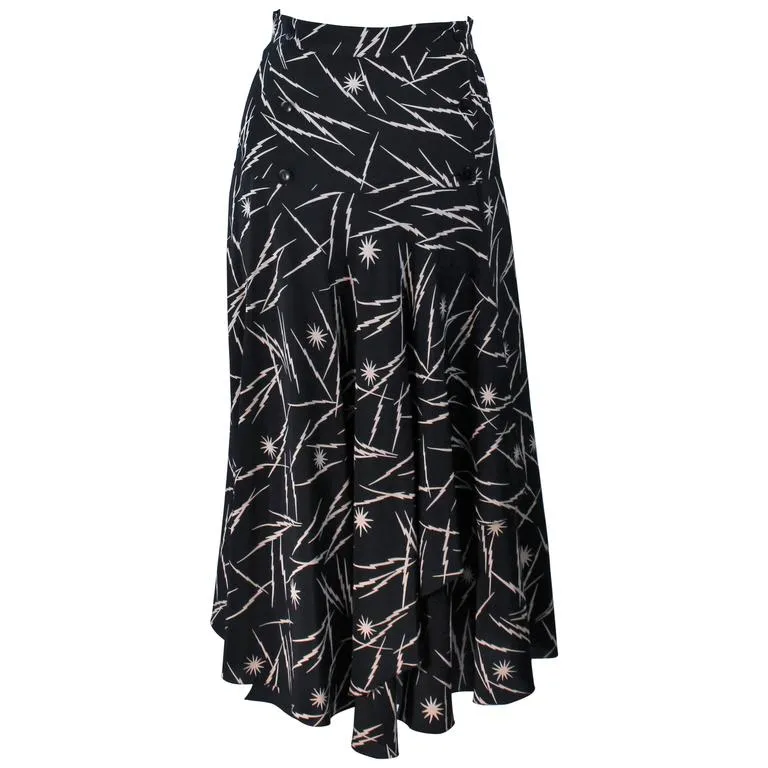 KRIZIA Electrified Black Silk Print Draped Wrap Skirt Size 2-4