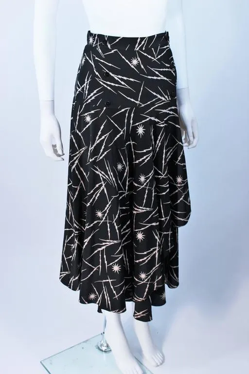 KRIZIA Electrified Black Silk Print Draped Wrap Skirt Size 2-4