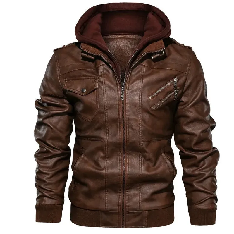 Leather Jackets Men's Casual Cowhide PU Leather Hooded Autumn Winter Coats Warm Vintage Motorcycle Punk Overcoats