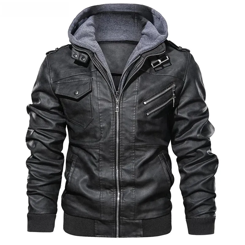 Leather Jackets Men's Casual Cowhide PU Leather Hooded Autumn Winter Coats Warm Vintage Motorcycle Punk Overcoats