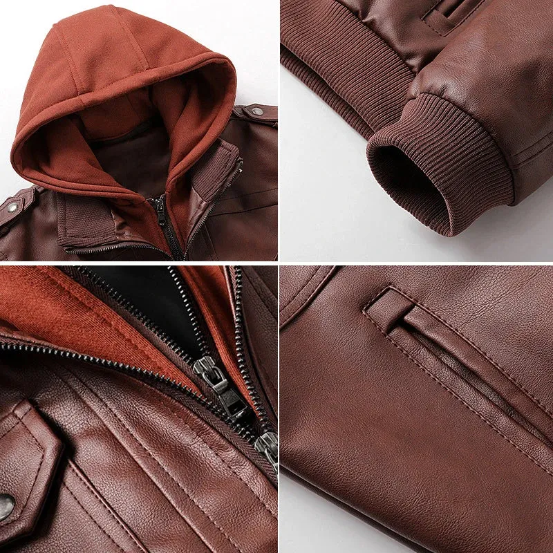 Leather Jackets Men's Casual Cowhide PU Leather Hooded Autumn Winter Coats Warm Vintage Motorcycle Punk Overcoats