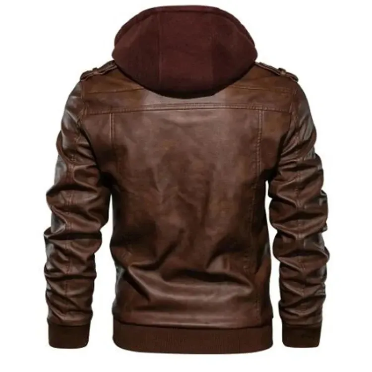 Leather Jackets Men's Casual Cowhide PU Leather Hooded Autumn Winter Coats Warm Vintage Motorcycle Punk Overcoats