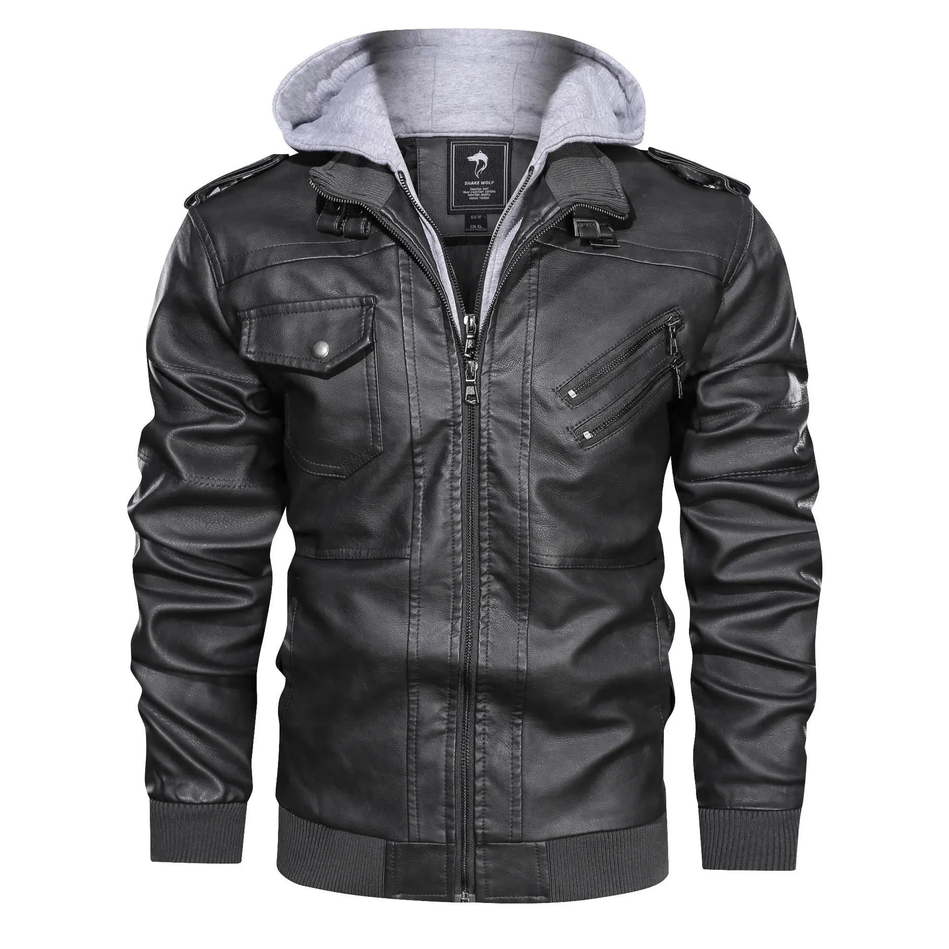 Leather Jackets Men's Casual Cowhide PU Leather Hooded Autumn Winter Coats Warm Vintage Motorcycle Punk Overcoats