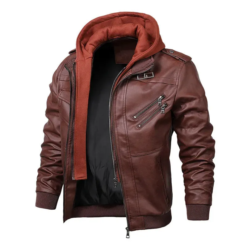 Leather Jackets Men's Casual Cowhide PU Leather Hooded Autumn Winter Coats Warm Vintage Motorcycle Punk Overcoats