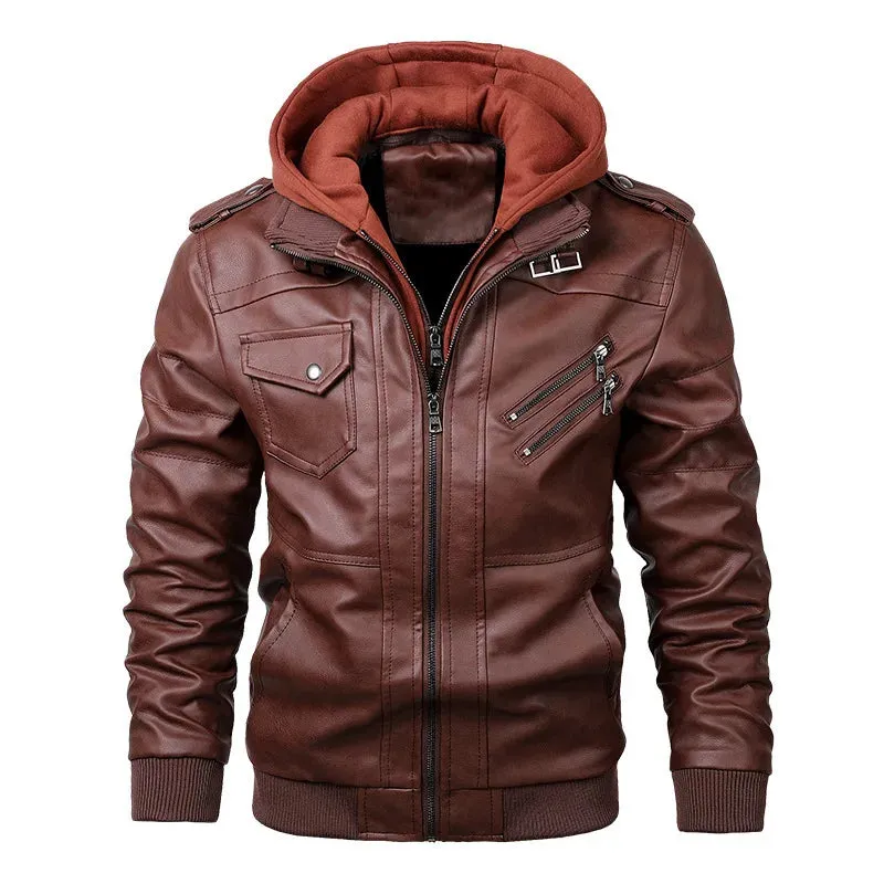 Leather Jackets Men's Casual Cowhide PU Leather Hooded Autumn Winter Coats Warm Vintage Motorcycle Punk Overcoats