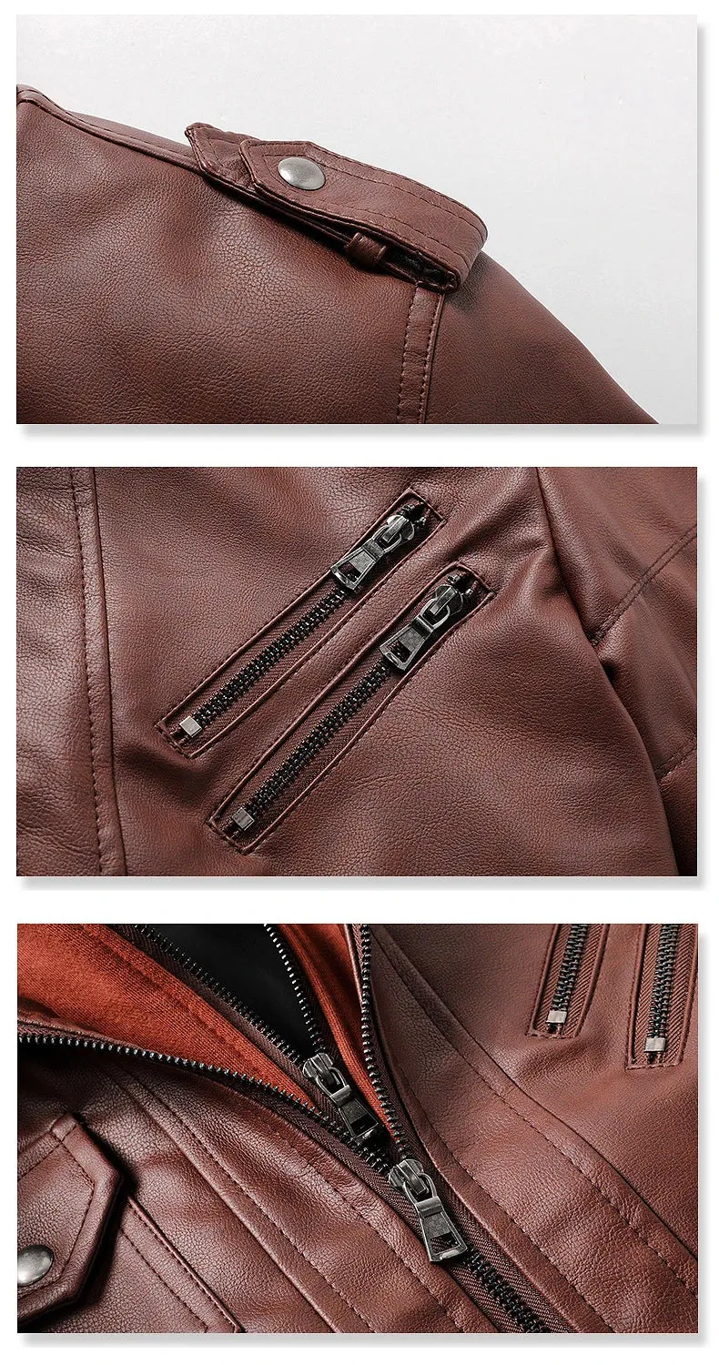 Leather Jackets Men's Casual Cowhide PU Leather Hooded Autumn Winter Coats Warm Vintage Motorcycle Punk Overcoats