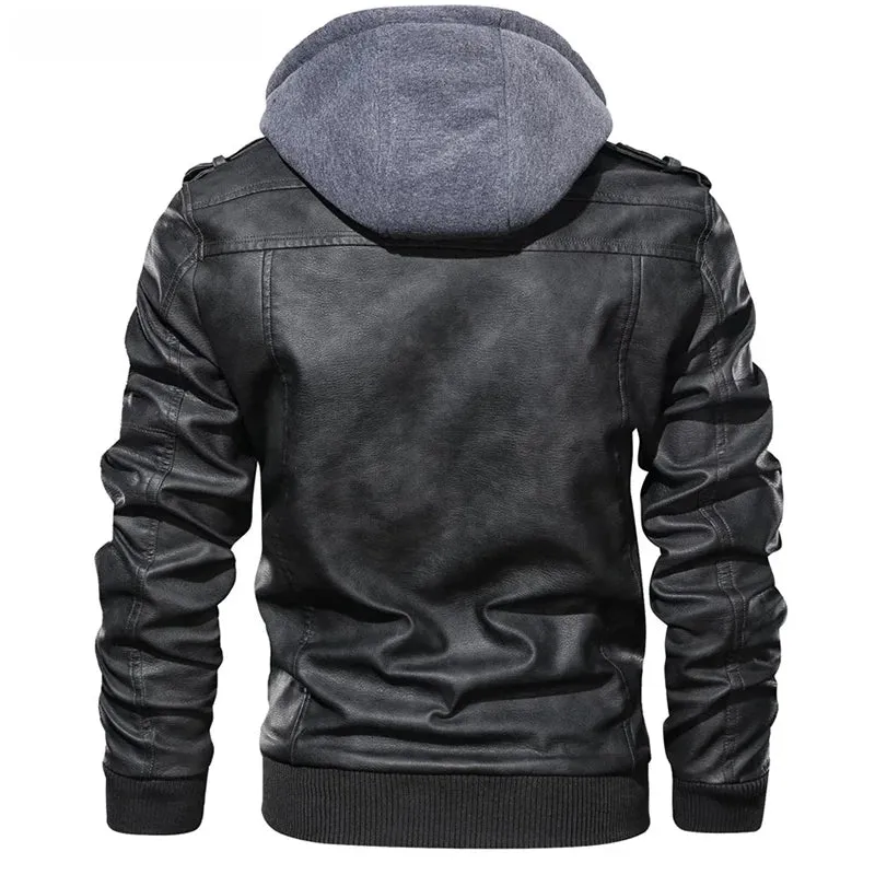 Leather Jackets Men's Casual Cowhide PU Leather Hooded Autumn Winter Coats Warm Vintage Motorcycle Punk Overcoats