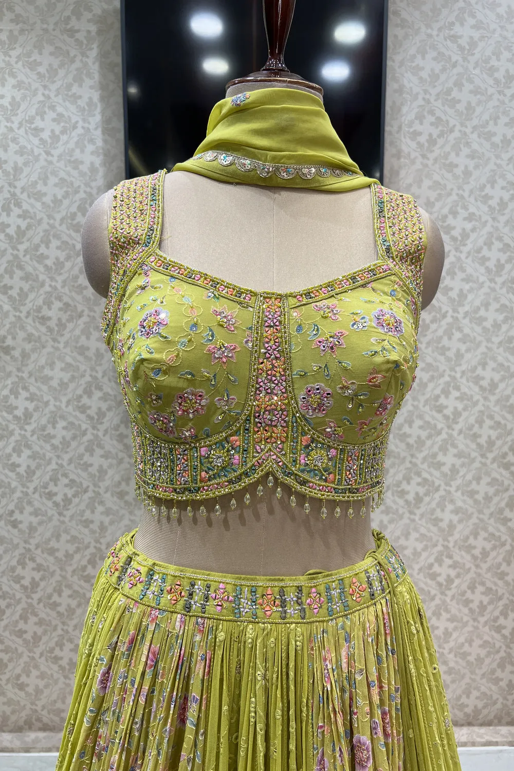 Lemon Green Mirror and Multicolor Thread work with Floral Print Crop Top Lehenga