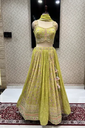 Lemon Green Mirror and Multicolor Thread work with Floral Print Crop Top Lehenga