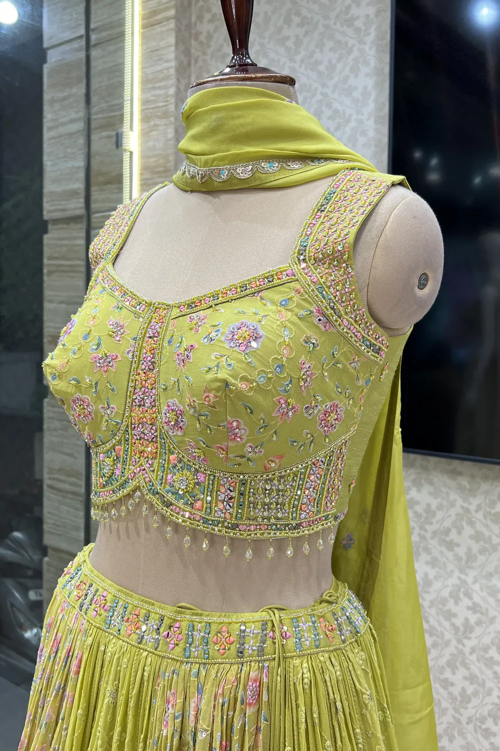 Lemon Green Mirror and Multicolor Thread work with Floral Print Crop Top Lehenga