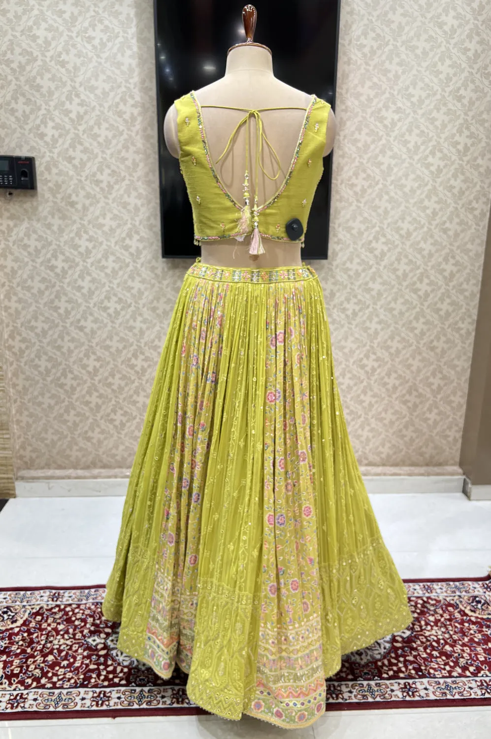 Lemon Green Mirror and Multicolor Thread work with Floral Print Crop Top Lehenga