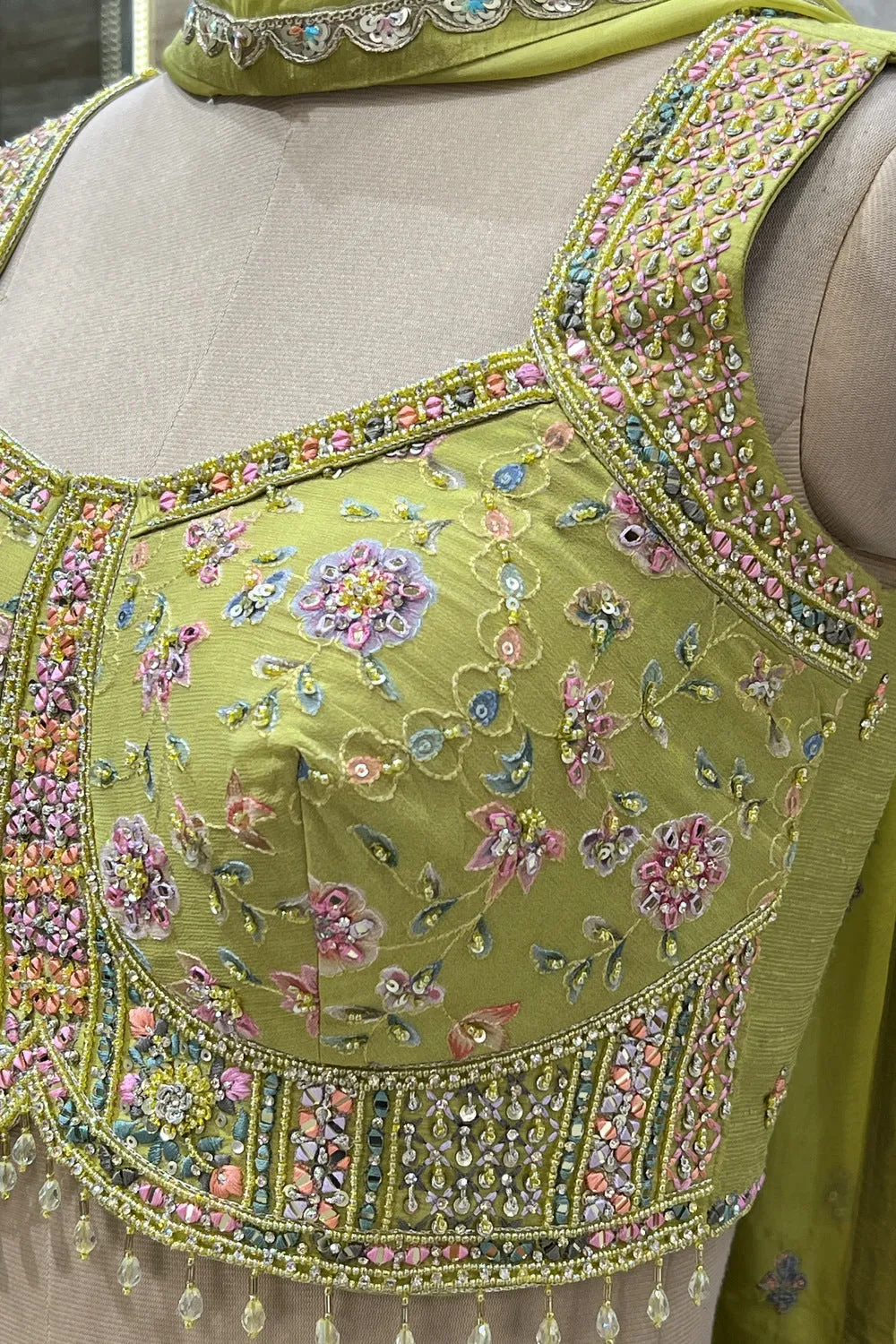 Lemon Green Mirror and Multicolor Thread work with Floral Print Crop Top Lehenga