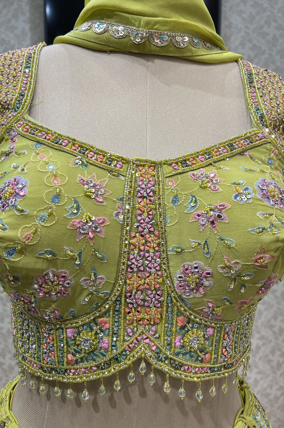 Lemon Green Mirror and Multicolor Thread work with Floral Print Crop Top Lehenga