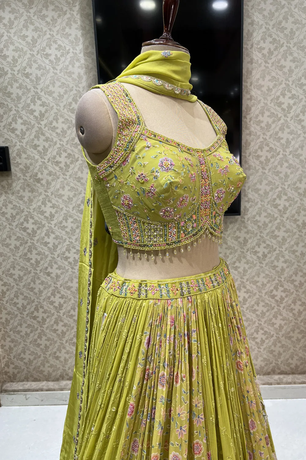 Lemon Green Mirror and Multicolor Thread work with Floral Print Crop Top Lehenga