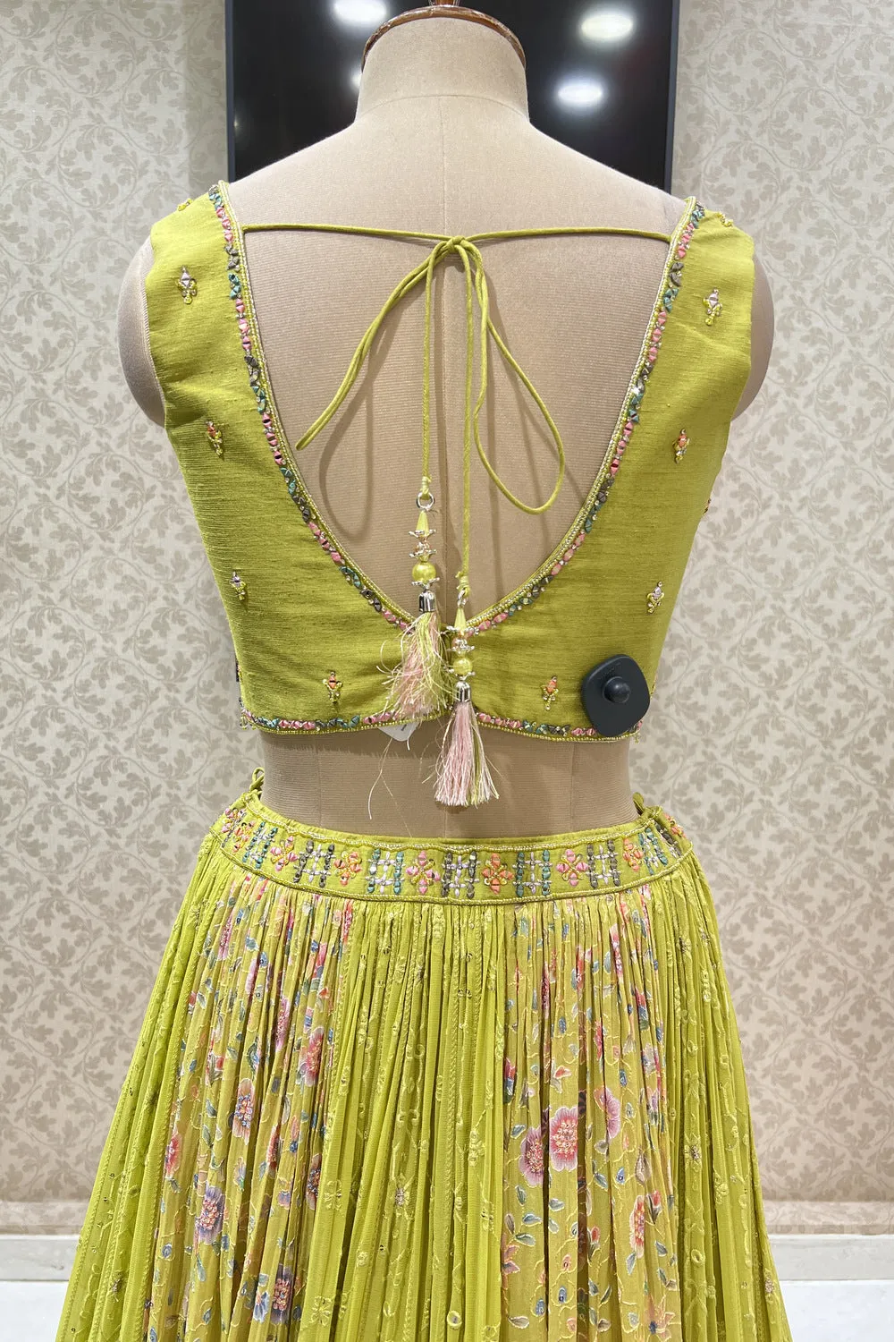 Lemon Green Mirror and Multicolor Thread work with Floral Print Crop Top Lehenga