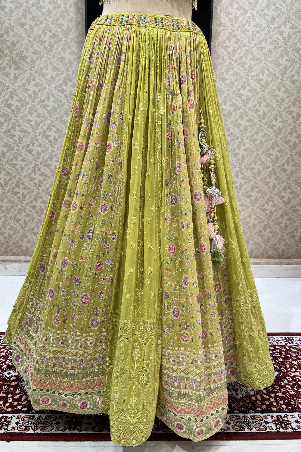 Lemon Green Mirror and Multicolor Thread work with Floral Print Crop Top Lehenga