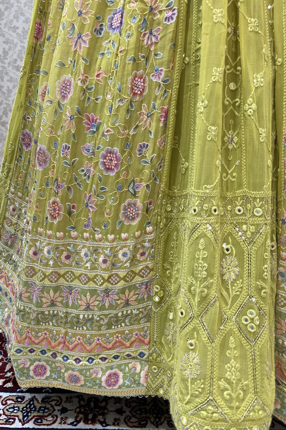 Lemon Green Mirror and Multicolor Thread work with Floral Print Crop Top Lehenga