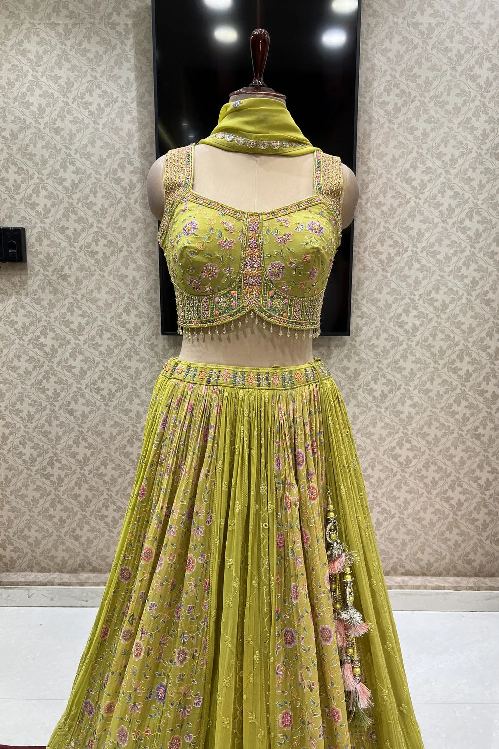 Lemon Green Mirror and Multicolor Thread work with Floral Print Crop Top Lehenga