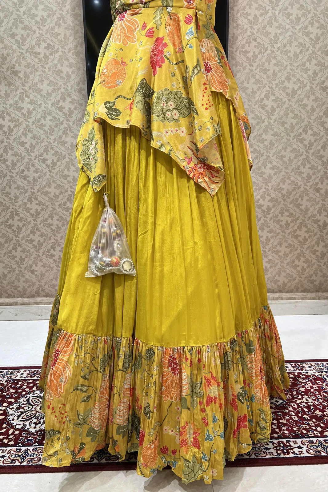 Lemon Yellow Mirror, Stone, Beads and Zardozi work with Digital Print Peplum Style Lehenga