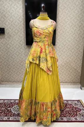 Lemon Yellow Mirror, Stone, Beads and Zardozi work with Digital Print Peplum Style Lehenga