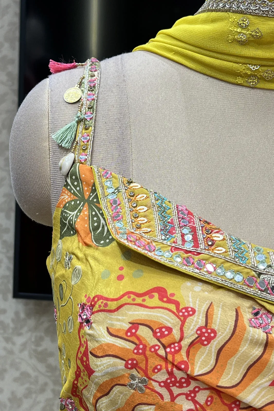 Lemon Yellow Mirror, Stone, Beads and Zardozi work with Digital Print Peplum Style Lehenga