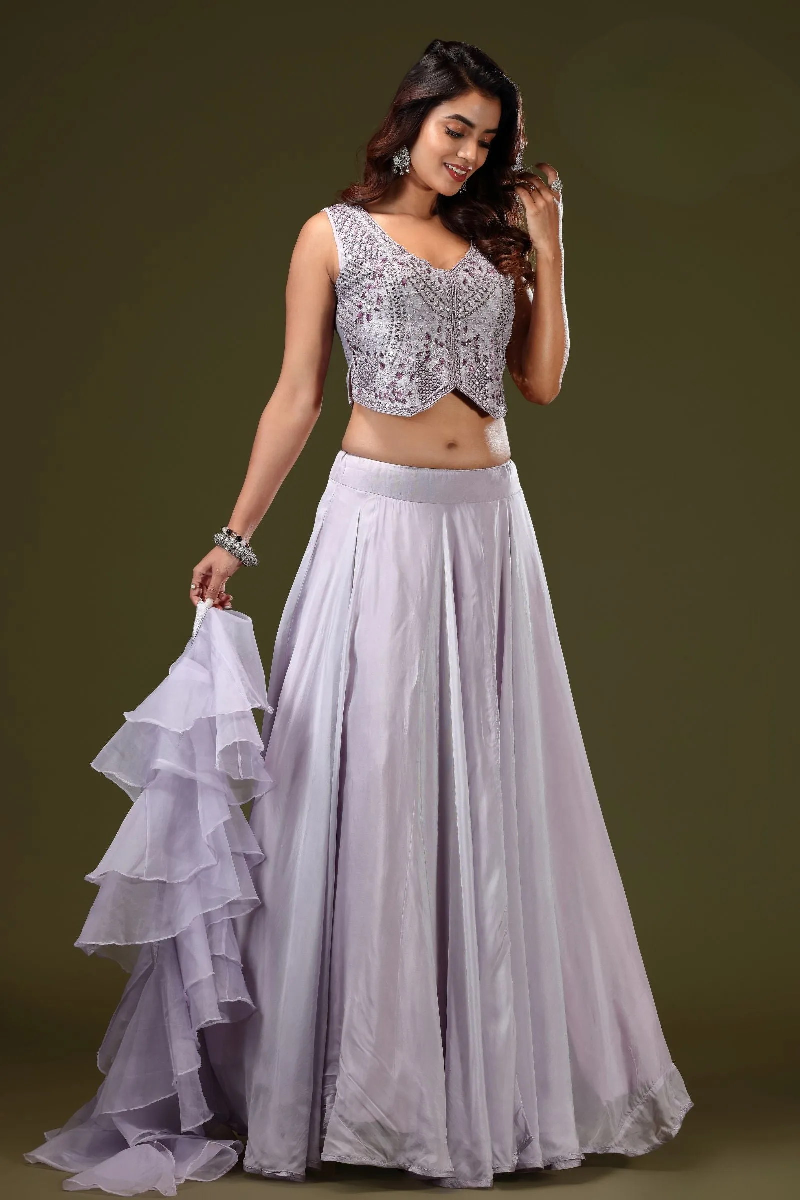 Lilac Mirror, Beads, Zardozi, Thread, Sequins and Stone work Crop Top Lehenga