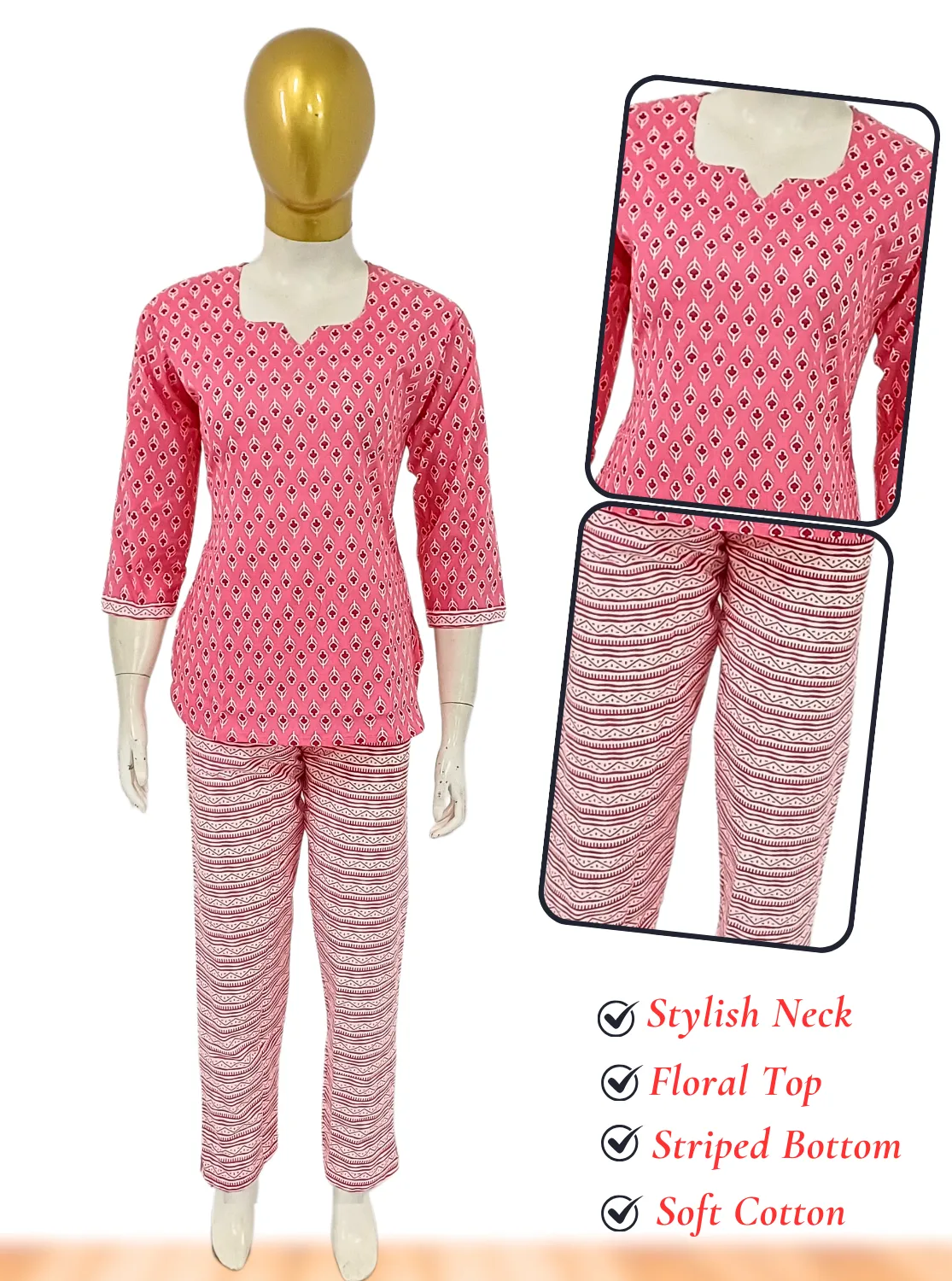 MANGAI Premium Cotton Printed Cambric Night Suits | Stylish Print's All Over | Top & Bottom Set | 3/4 Sleeve | Trendy Night Suits for Stylish Women's (CMNS)