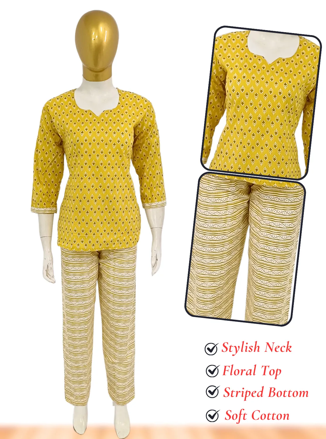 MANGAI Premium Cotton Printed Cambric Night Suits | Stylish Print's All Over | Top & Bottom Set | 3/4 Sleeve | Trendy Night Suits for Stylish Women's (CMNS)