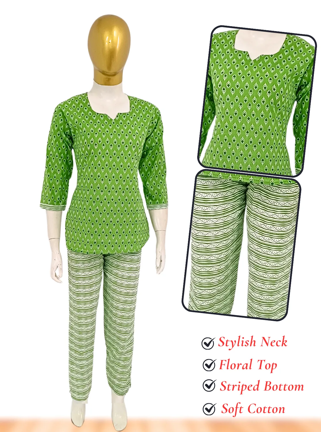 MANGAI Premium Cotton Printed Cambric Night Suits | Stylish Print's All Over | Top & Bottom Set | 3/4 Sleeve | Trendy Night Suits for Stylish Women's (CMNS)