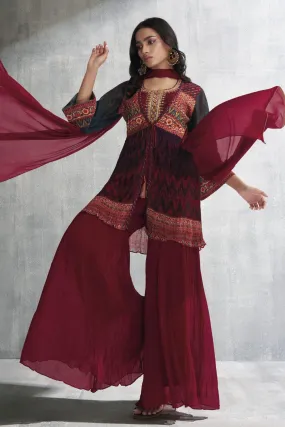 Maroon Mirror and Sequins work with Multicolor Digital Print Overcoat Styled Palazzo Suit Set