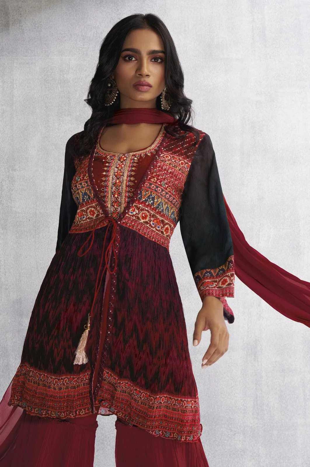 Maroon Mirror and Sequins work with Multicolor Digital Print Overcoat Styled Palazzo Suit Set