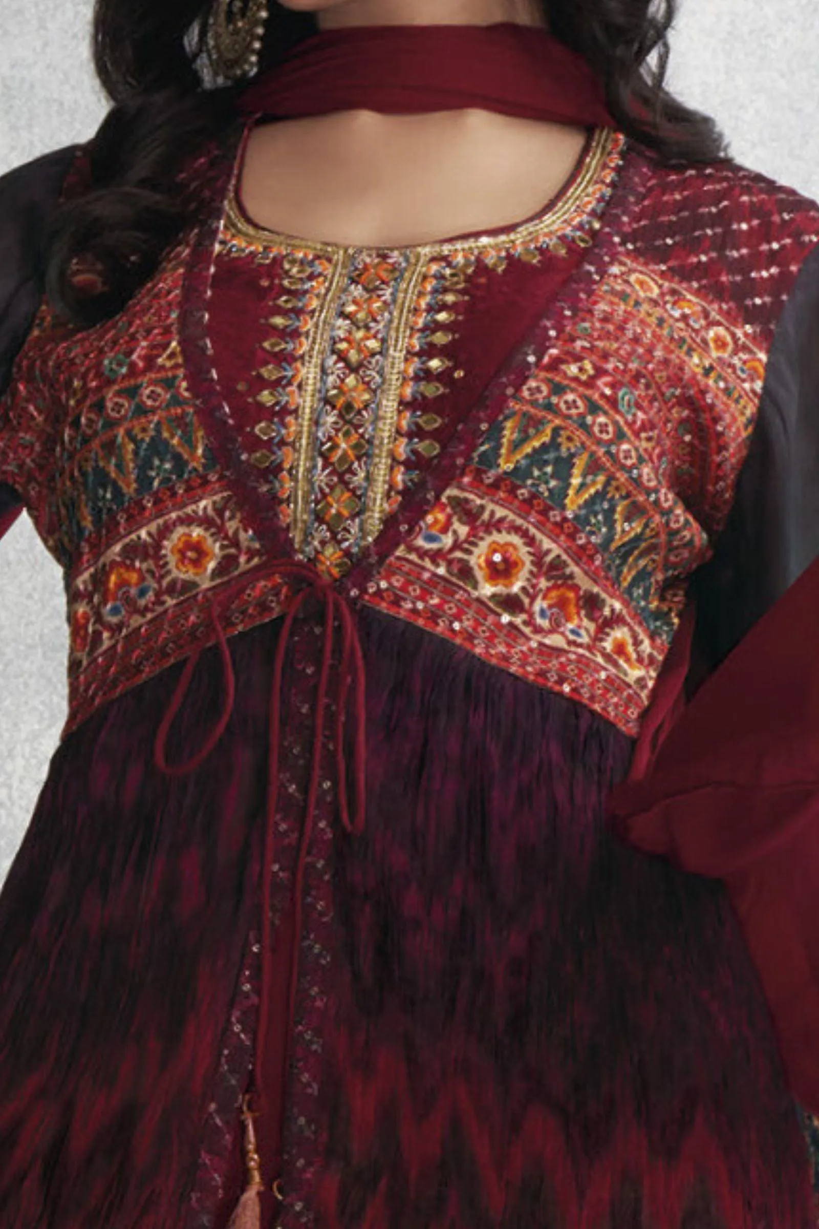 Maroon Mirror and Sequins work with Multicolor Digital Print Overcoat Styled Palazzo Suit Set