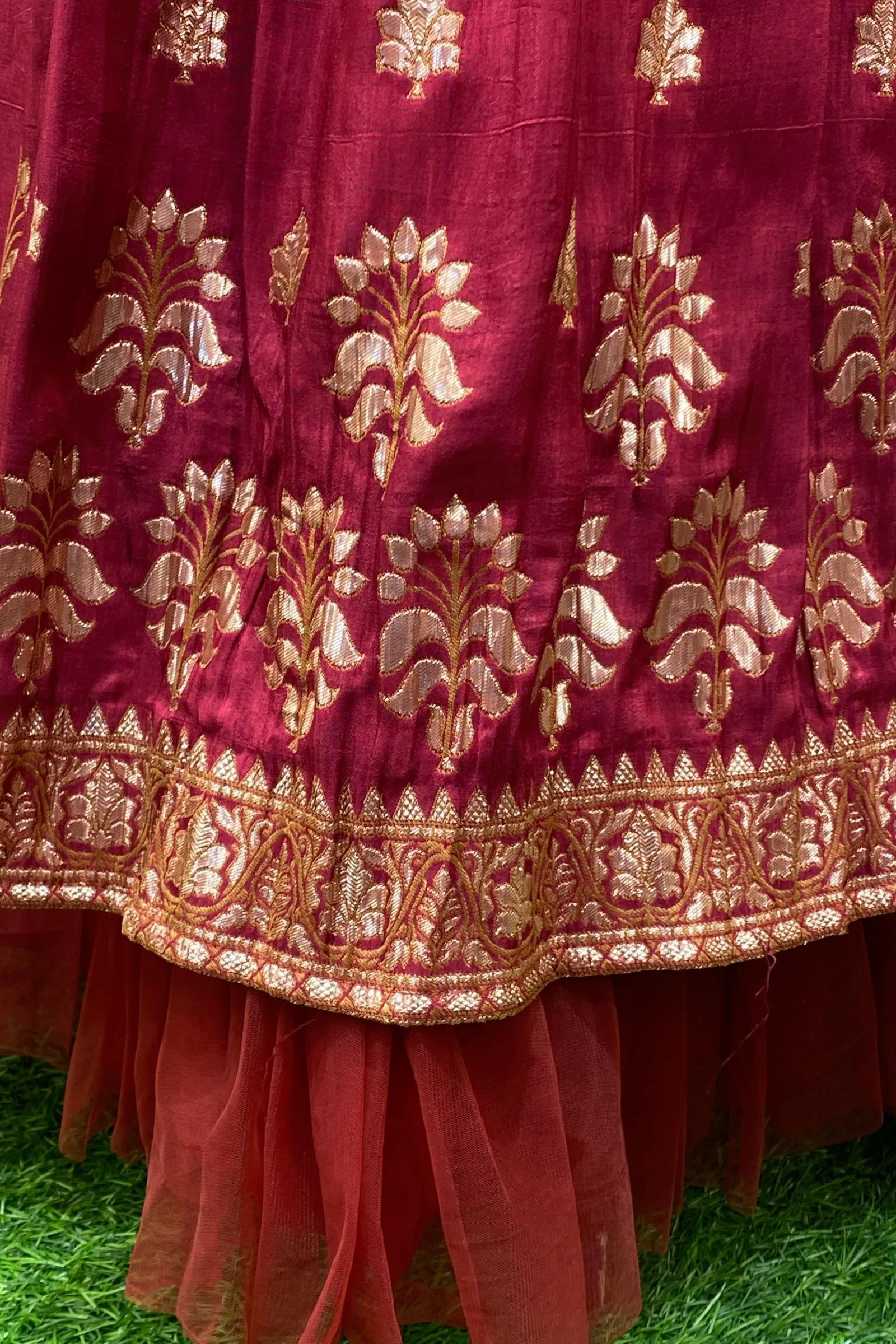 Maroon Zardozi, Beads and Stone work with Banaras Weaving Crop Top Lehenga