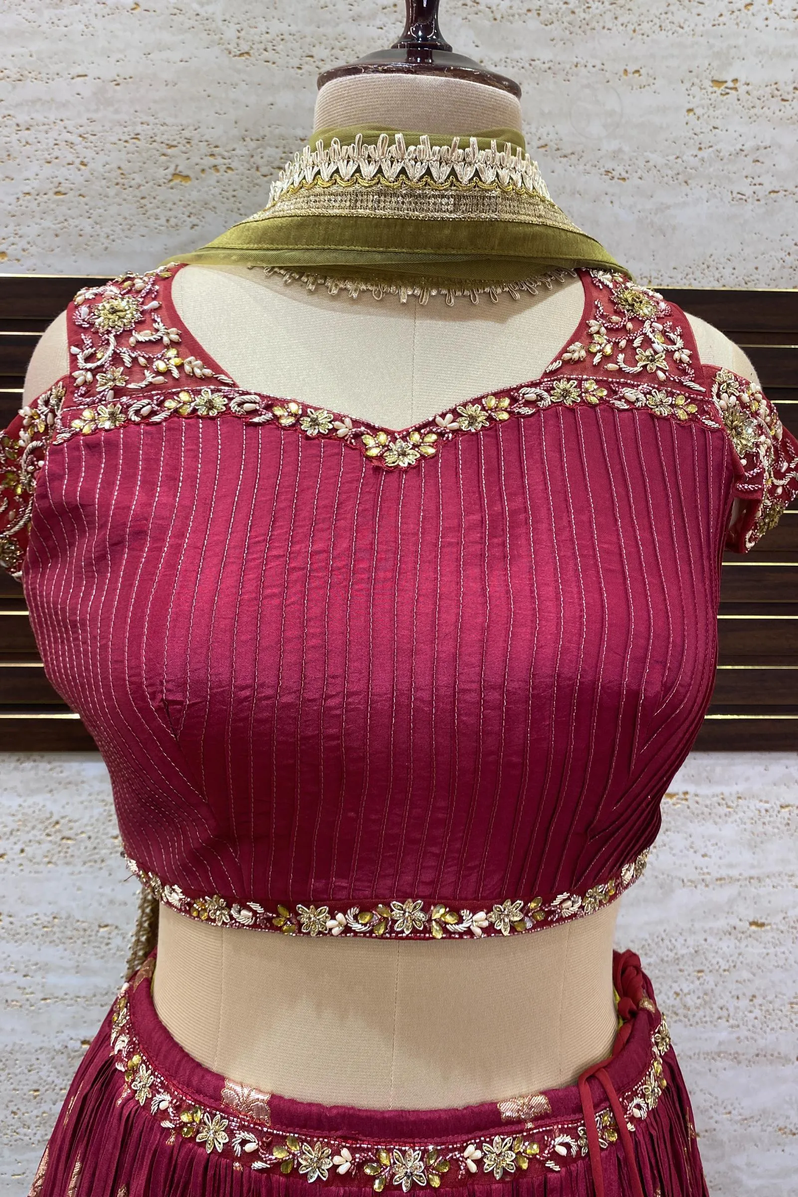 Maroon Zardozi, Beads and Stone work with Banaras Weaving Crop Top Lehenga