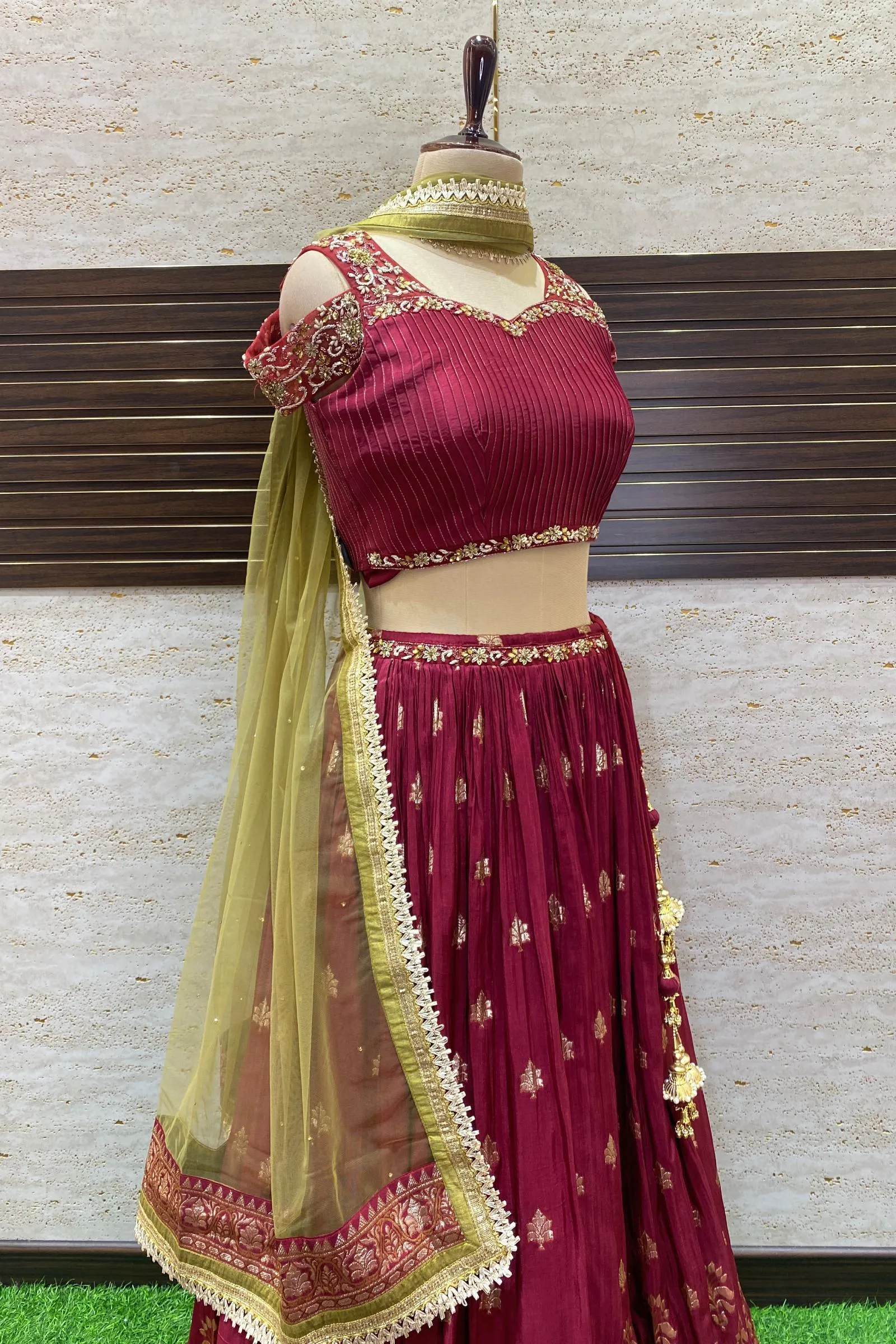 Maroon Zardozi, Beads and Stone work with Banaras Weaving Crop Top Lehenga