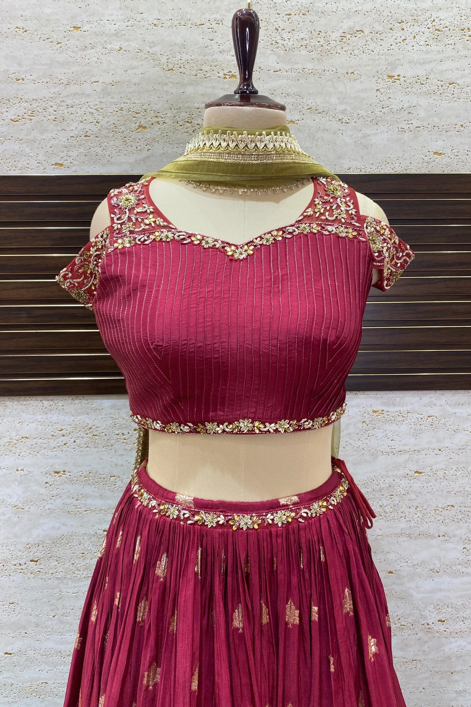 Maroon Zardozi, Beads and Stone work with Banaras Weaving Crop Top Lehenga