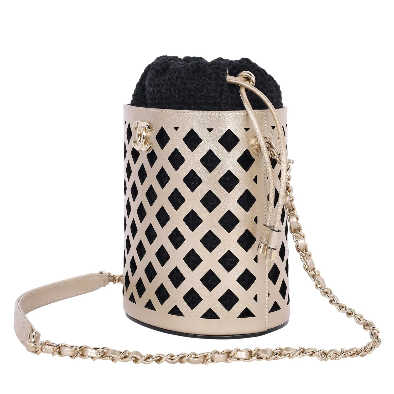 Matelasse See Through Bucket Bag Perforated Leather Gold Black (Authentic Pre-Owned)