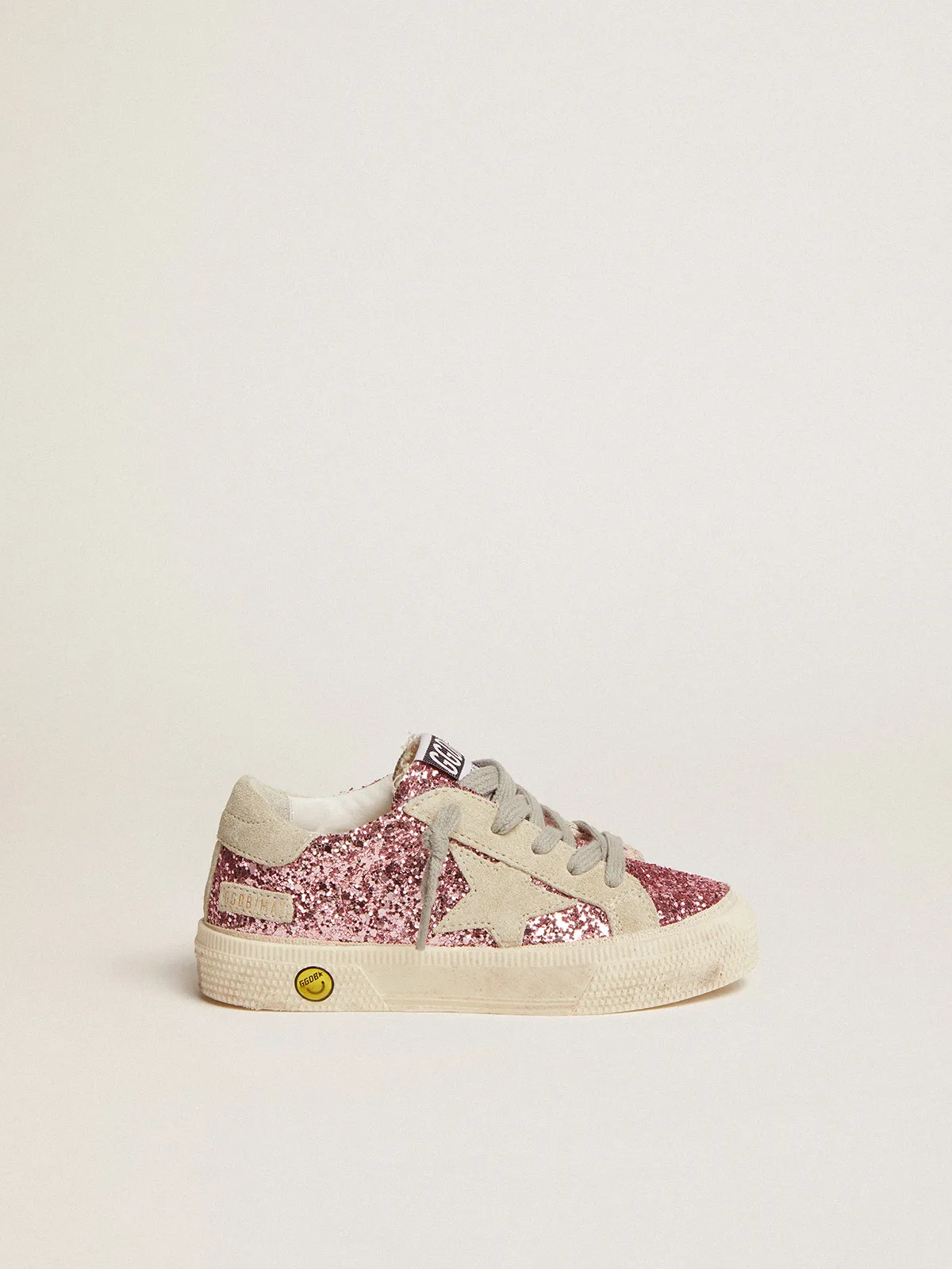 May sneakers in pink glitter with star and heel tab in ice-gray suede