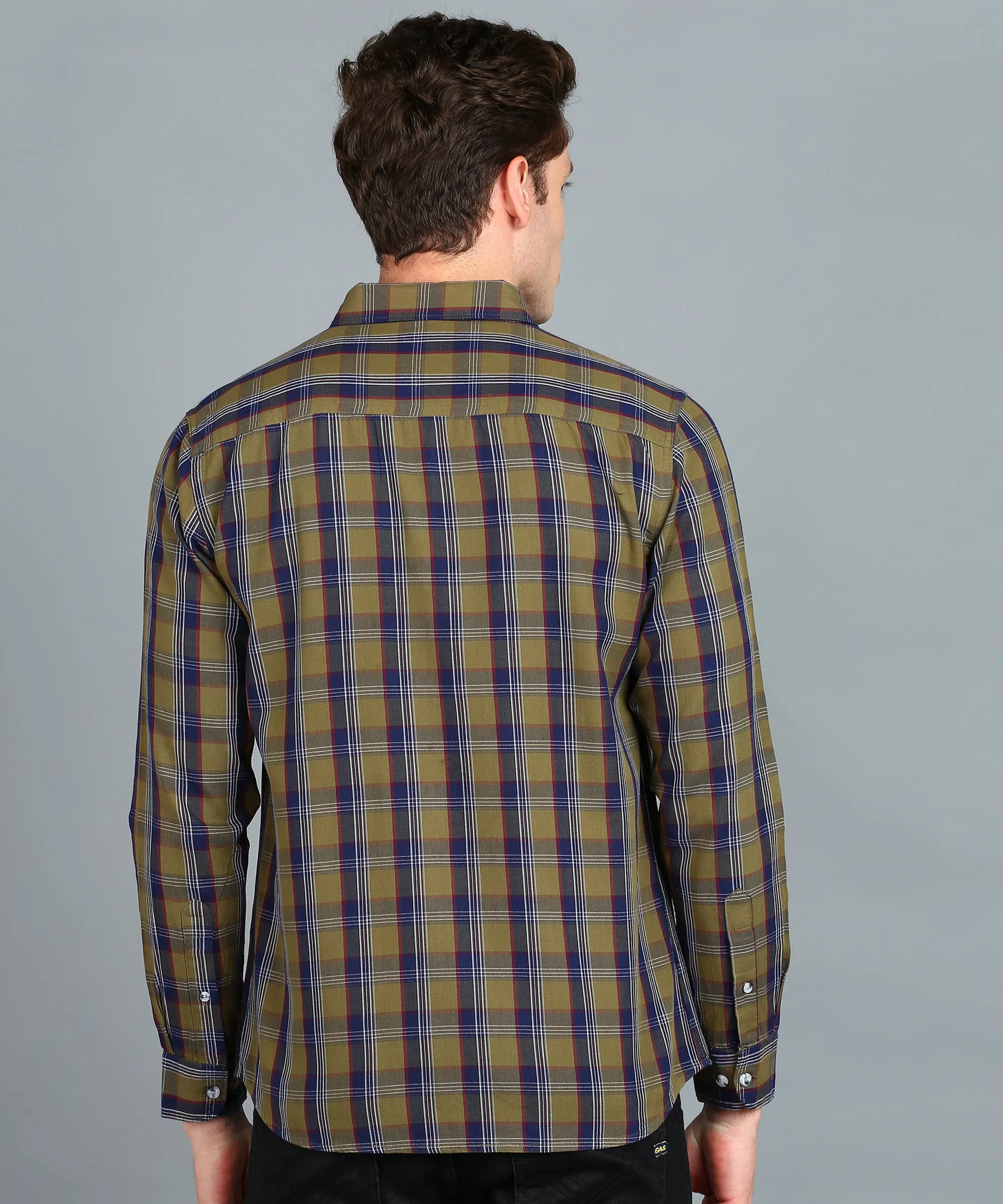 Men's Beige, Blue Cotton Full Sleeve Slim Fit Casual Checkered Shirt