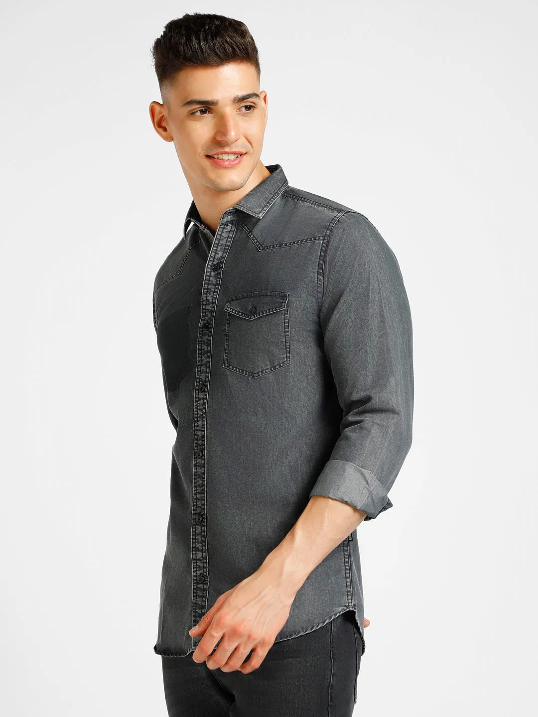 Men's Black Denim Full Sleeve Slim Fit Washed Casual Shirt