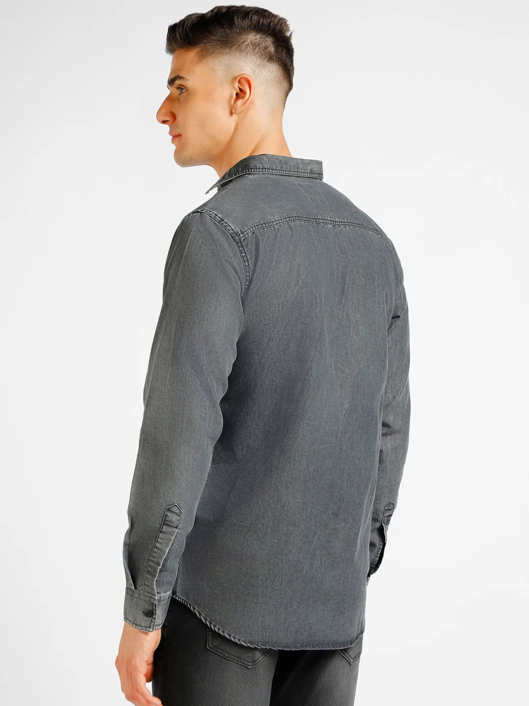 Men's Black Denim Full Sleeve Slim Fit Washed Casual Shirt