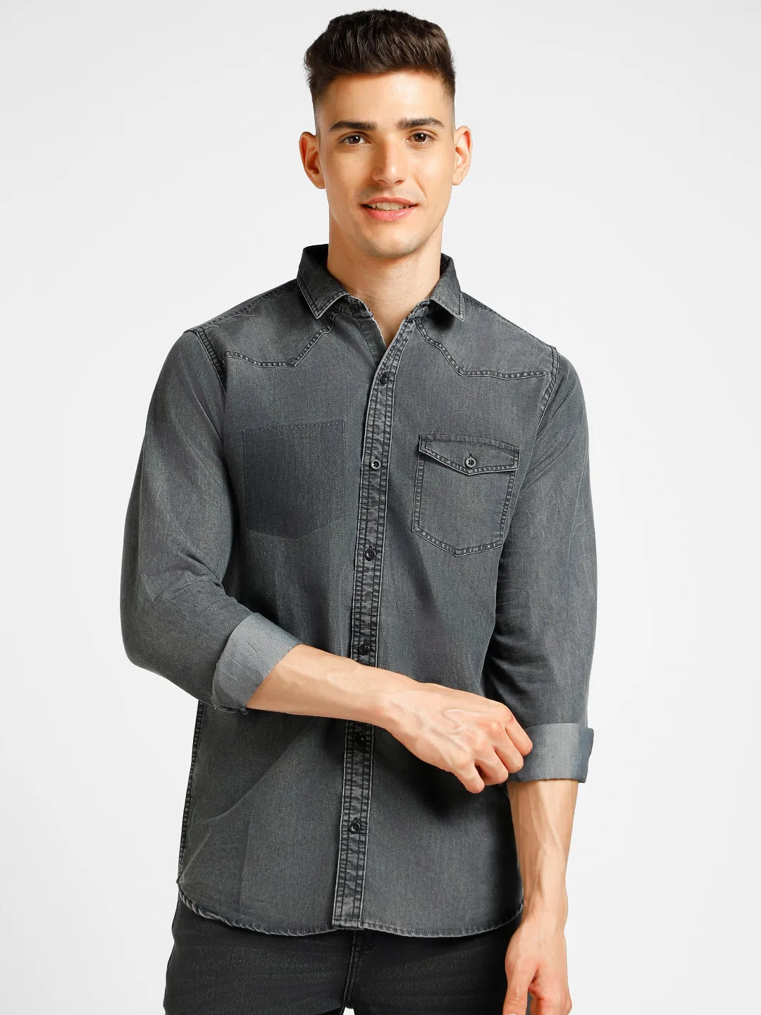 Men's Black Denim Full Sleeve Slim Fit Washed Casual Shirt