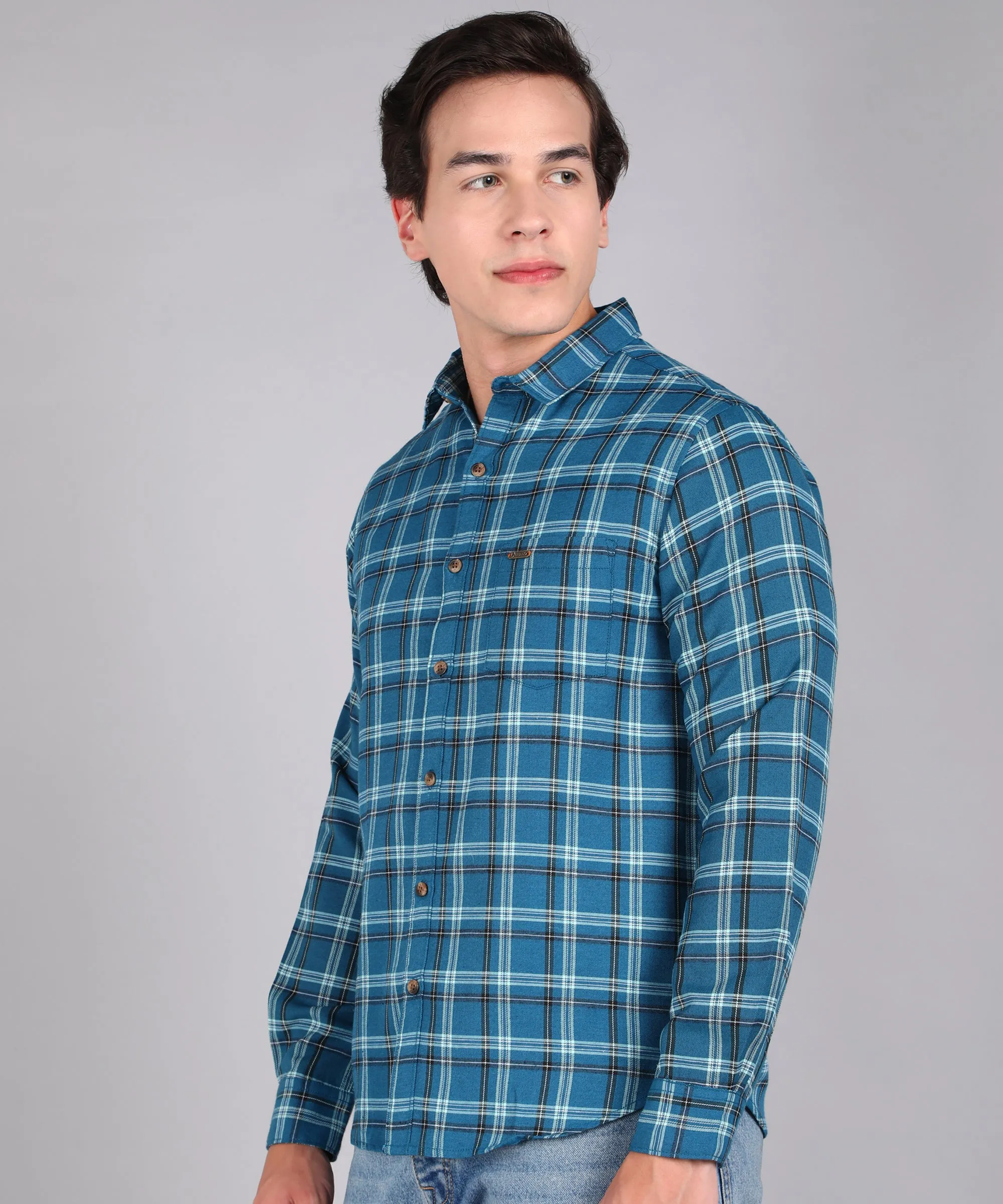 Men's Blue Cotton Full Sleeve Slim Fit Casual Checkered Shirt