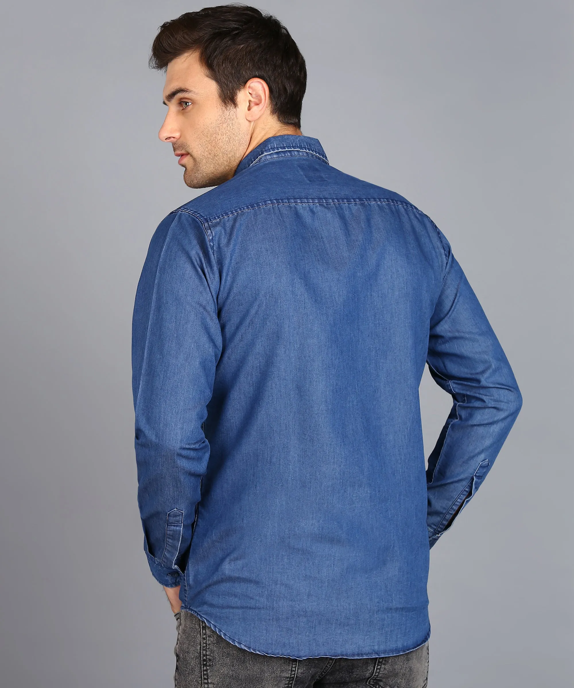 Men's Blue Denim Full Sleeve Slim Fit Washed Casual Shirt