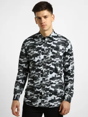 Men's Grey Cotton Full Sleeve Slim Fit Casual Camouflage Printed Shirt