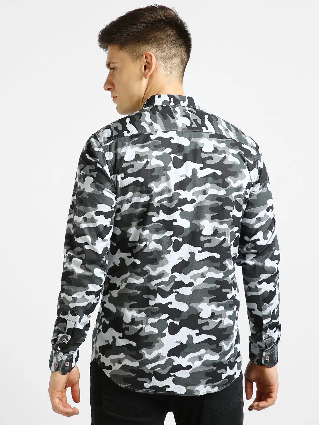 Men's Grey Cotton Full Sleeve Slim Fit Casual Camouflage Printed Shirt