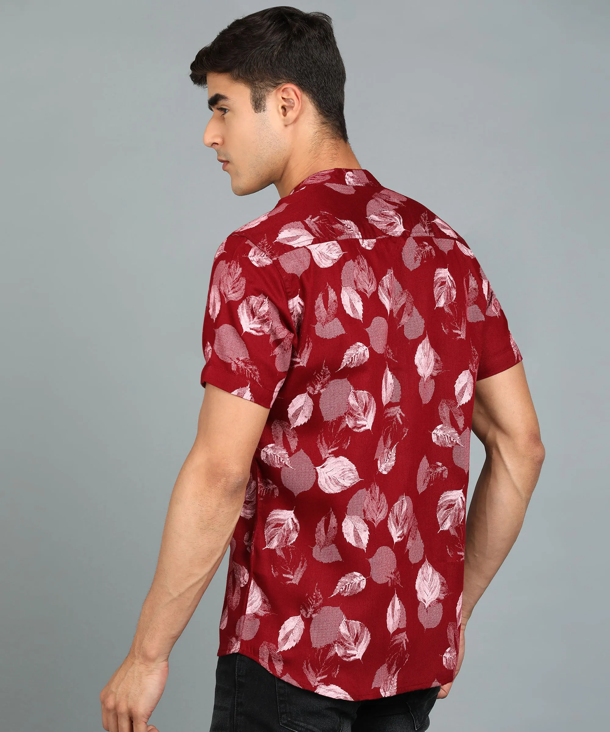 Men's Maroon Cotton Half Sleeve Slim Fit Casual Floral Printed Shirt